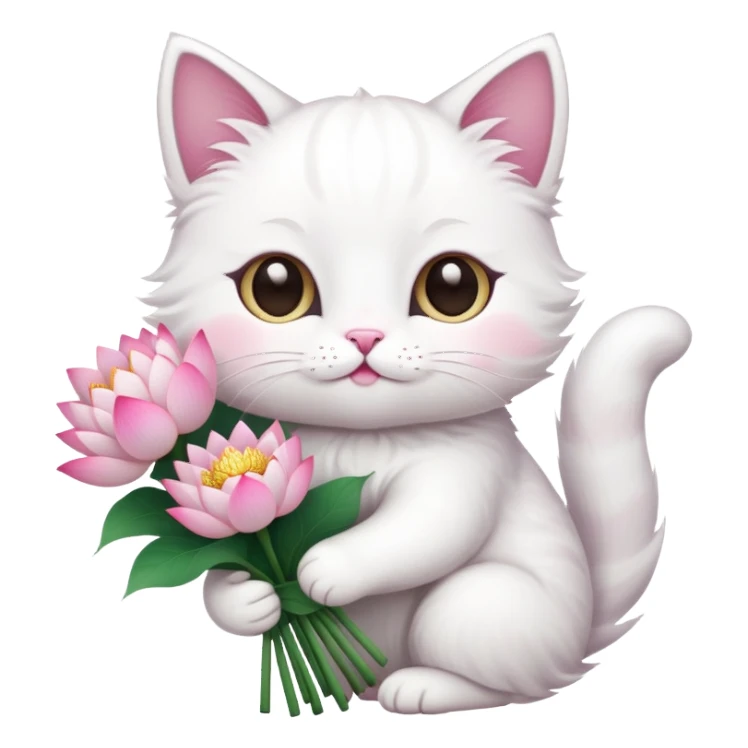 White cat holding a bouquet of lotus flowers sticker