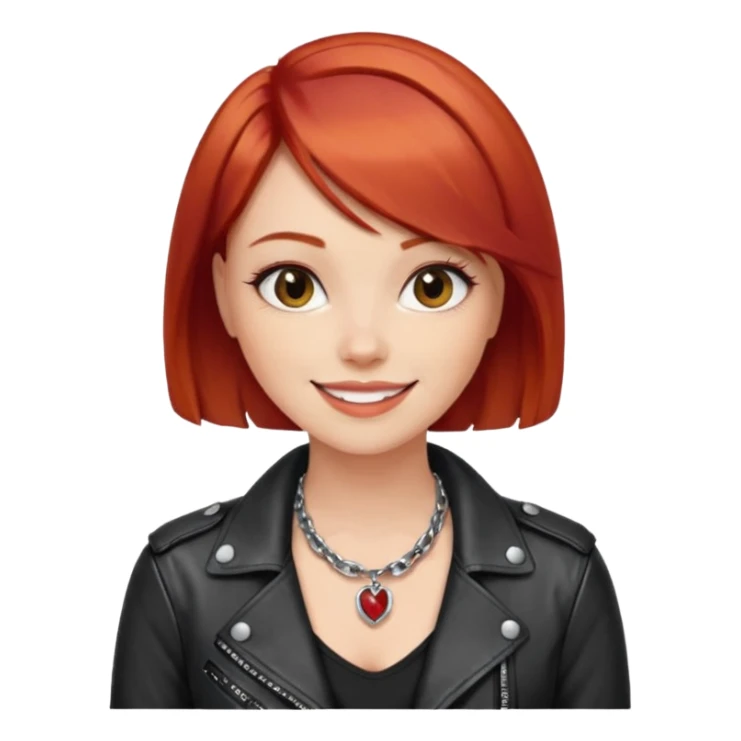 young fashionable woman, bob cut red hair, leather jacket, statement necklace, smiling sticker