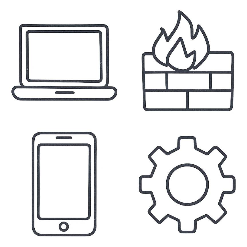 hand drawn outline icons for information technology, playful yet clear, features laptop, firewall, smartphone, and settings gear, sketchy lines, no fill sticker