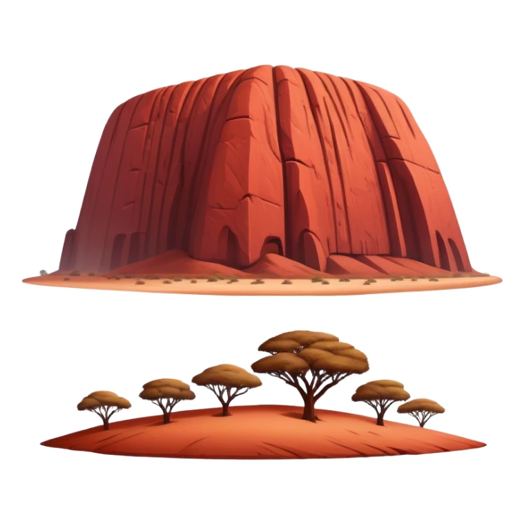 Cinematic Realistic Uluru Landmark Emoji, showcasing the massive, red monolith rising from the desert rendered with rich textures and warm, dramatic lighting. sticker