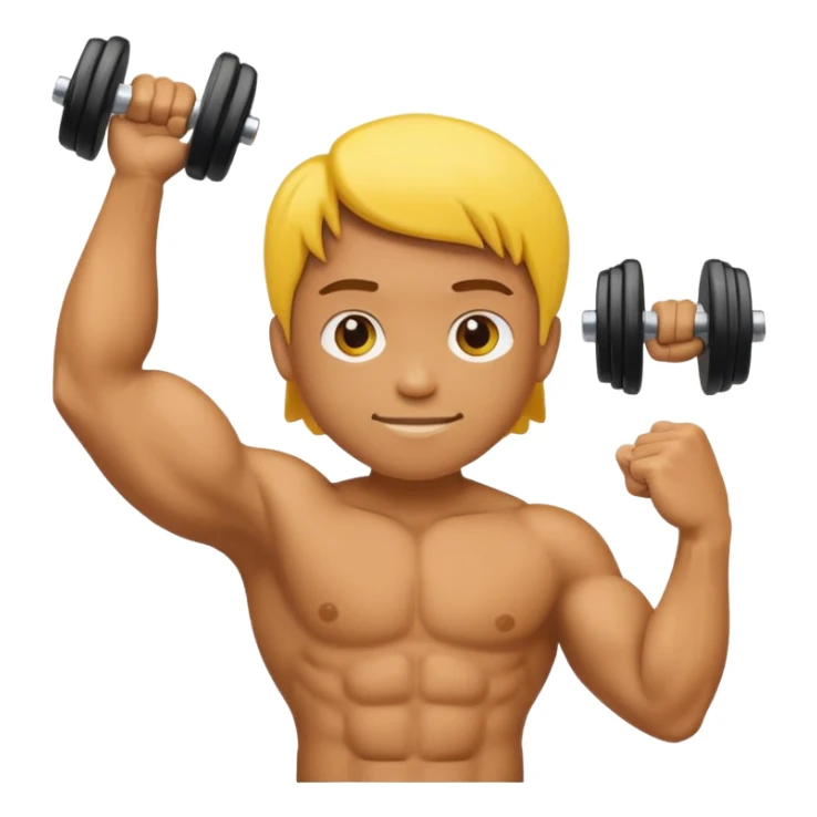A bold, expressive emoji-style character flexing his bicep while holding a dumbbell in one hand. Bright colors, simple features, rounded edges, and a friendly, energetic look. sticker