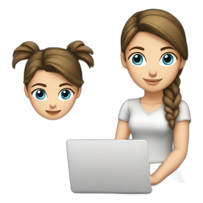 front-view-of-young-white-tan-woman-blue-eyes-brunette-pony-tail-using-a-laptop sticker