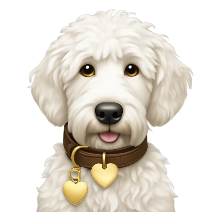 White golden doodle dog brown leather collar with a gold heart tag sticker