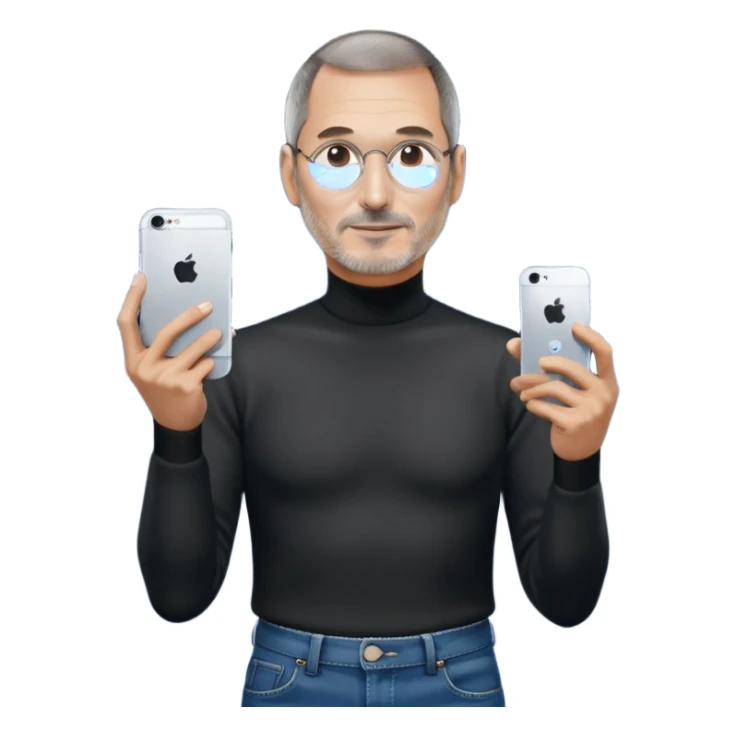 Steve Jobs is holding an iPhone with its hand in a stage sticker