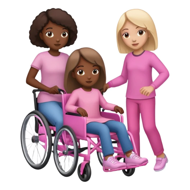 One dark skinned sister and one light skinned sister pushing her light brown sister in a pink wheelchair sticker