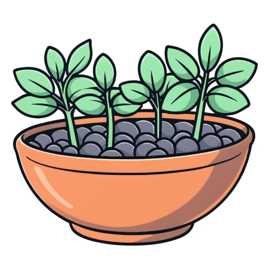 Shallow ceramic dish garden with Plectranthus Verticillatus sprouts featuring circular penny-shaped leaves arranged with decorative stones sticker