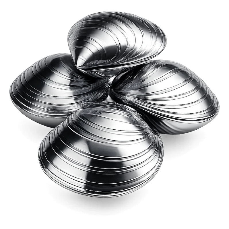 cluster of chrome clam shells, stacked and reflecting light, in chrome style sticker