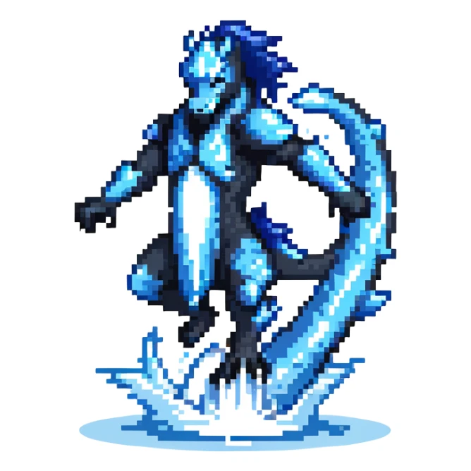 Black ninja water horse with dark blue magical water swirling around it, sharp spikes on its body, battle stance sticker