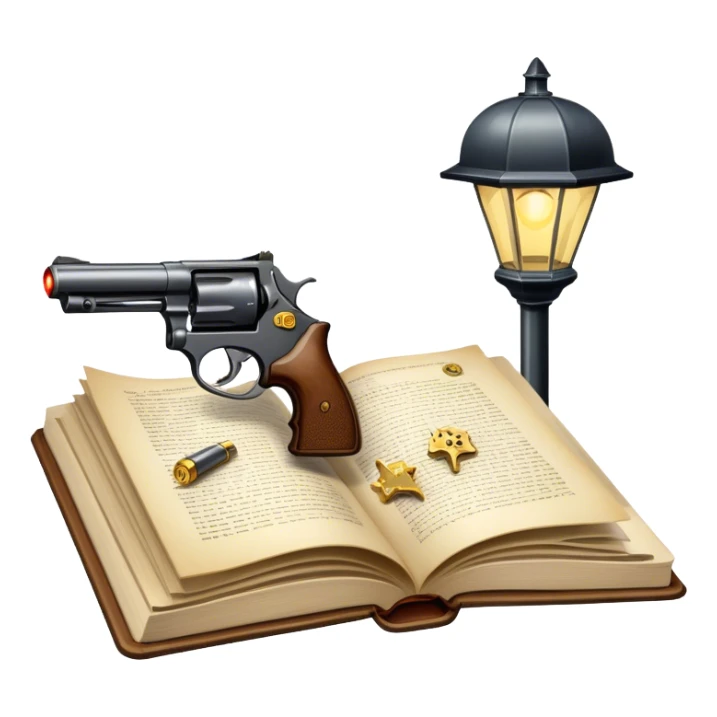 Icon for Action & Crime Reading: an open book with dramatic crime scenes—bullet holes on pages, a detective badge, a revolver and a getaway car. Surrounding elements include a flickering streetlight. Transparent background. sticker