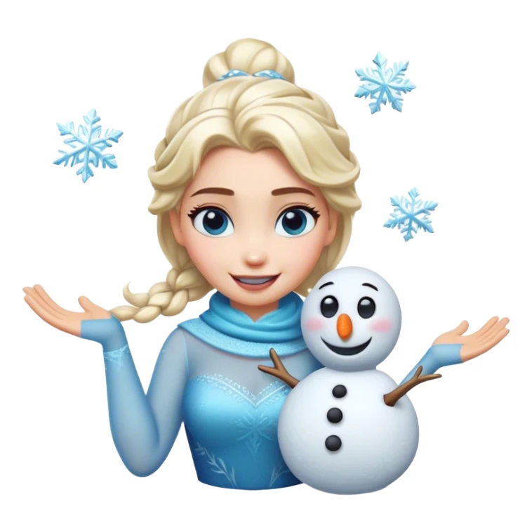 Cinematic Funny Elsa Portrait Emoji, Making a tiny snowman in her hands with a proud grin, looking smug as it dances, an unexpectedly hilarious moment of icy creativity! sticker