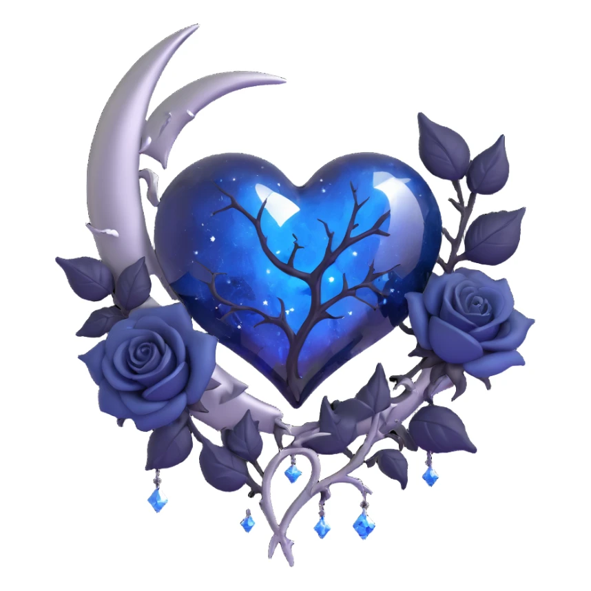 gothic heart, midnight blue glass, silver crescent moon, black roses, stardust, lightning, rain, cracked glass, metallic style sticker