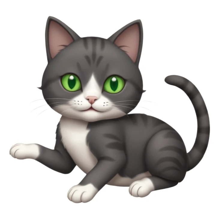 dark grey cat with green eyes, white toes/paws and white patch on her chest playfully rolling upside down sticker