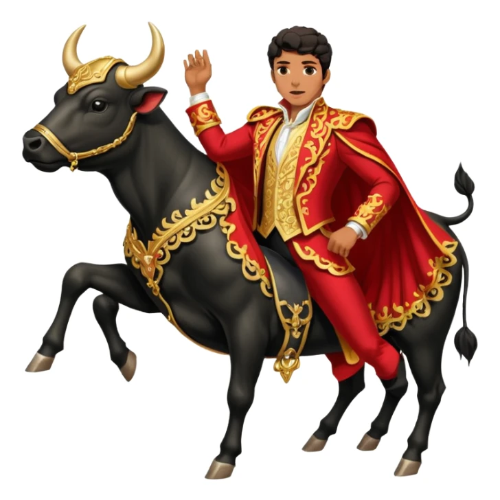 Create a realistic image of a traditional bullfighting scene in a Spanish arena.
Show a bullfighter (matador) in an ornate, gold-trimmed suit holding a red cape (muleta) as a powerful black bull charges toward it. sticker