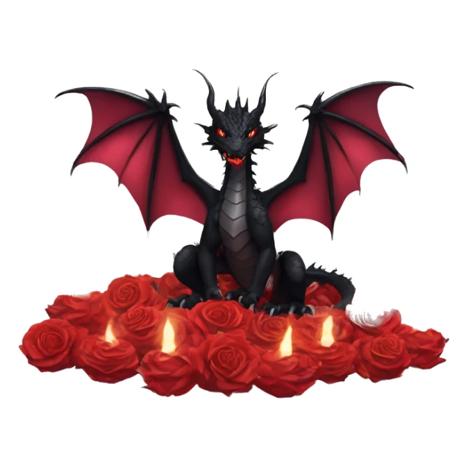 Black dragon breathing red flames, covered in thorned roses, surrounded by lanterns candles and fairy lights sticker