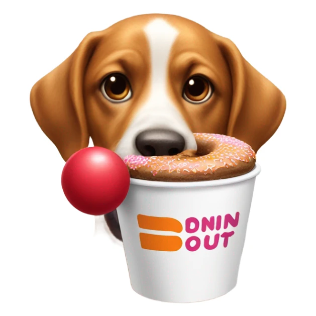 dog holding a dunkin donut coffee with red ball sticker