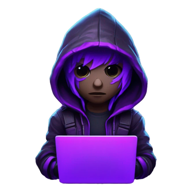 developer behind his laptop with this style : crysis Cyberpunk Valorant neon glowing bright purple character purple violet black hooded assassin themed character sticker