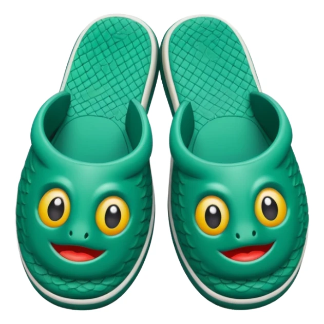 slightly green rubber pool slippers with carp eyes on the top sticker