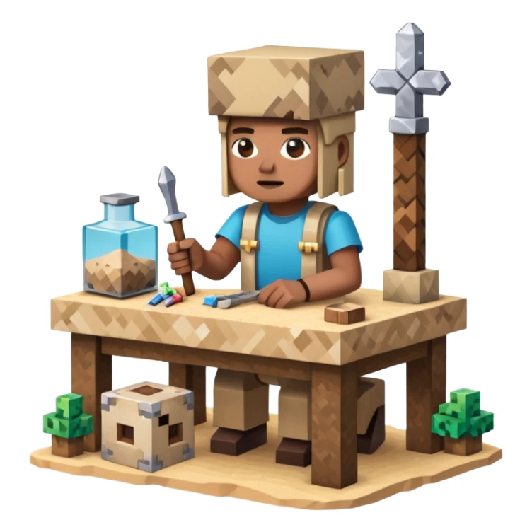 minecraft crafting station in a minecraft cube style with tools, stone, wood, glass, sand, ... sticker