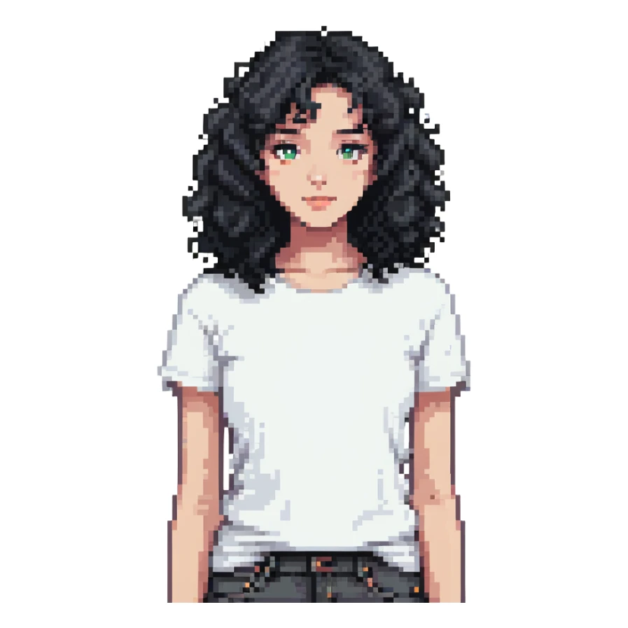 girl with curly black hair wearing a white t-shirt sticker