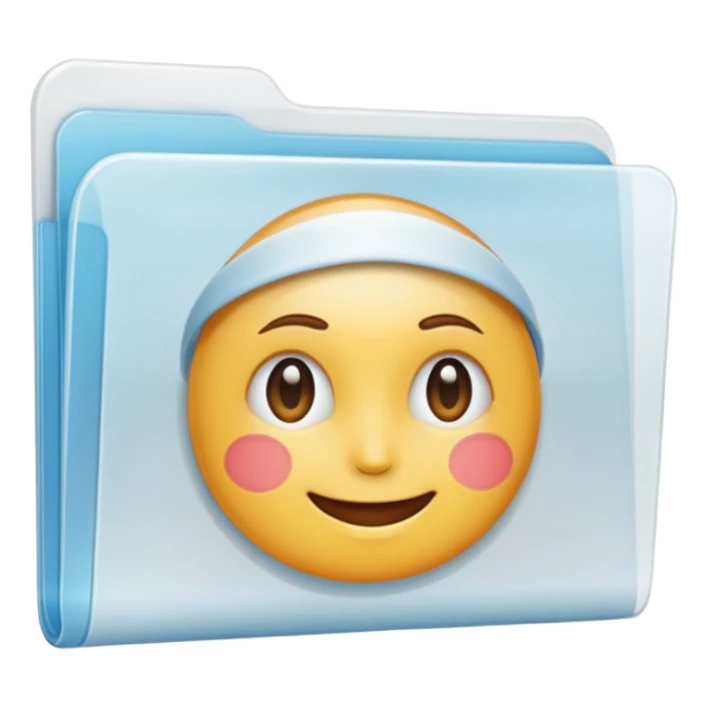 A simple emoji-style icon of a transparent white plastic folder, minimal and clean, with rounded corners, subtle translucency, soft shading, and a small self-care, skincare, routine documents symbol on the front sticker