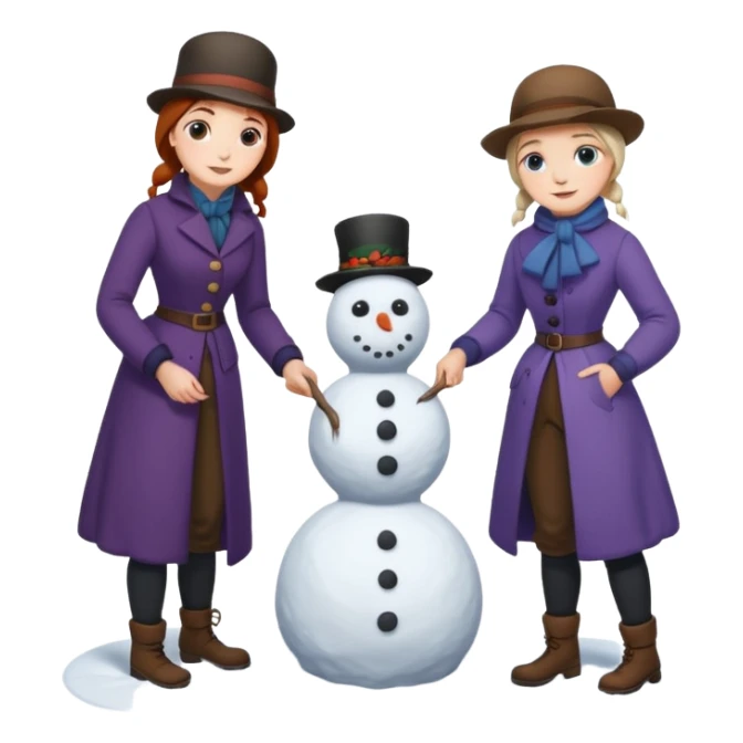  young Virginia Poe and  eldely Maria Clemm  full body building a snowman  1800's sticker