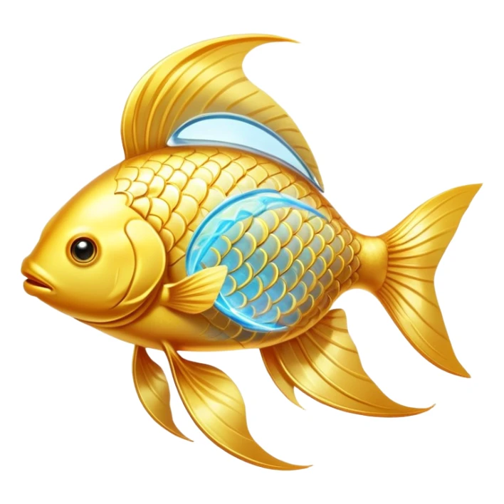 Mystical golden fish flowing in an omega shape, with its body transforming into streams of radiant energy that connect to a brain, heart, and joints. The fish appears magical and ethereal, with glowing scales and a luminous aura representing the essential nutrients of omega-3. sticker