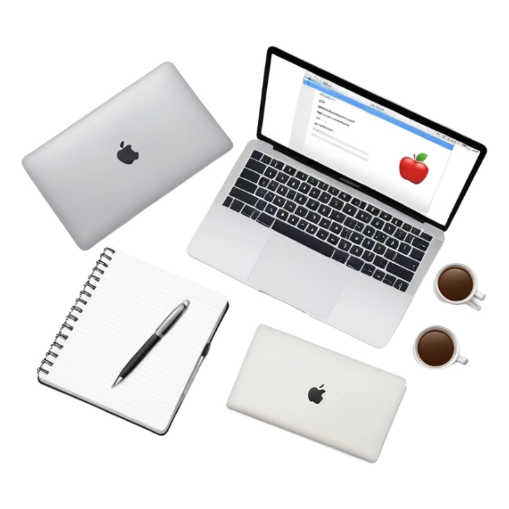 top view of a MacBook and a notebook with a pen nearby, different arrangement sticker