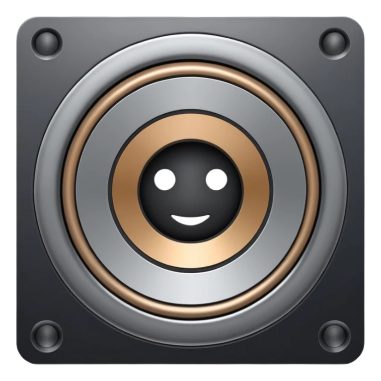 Minimal emoji icon of a modern metallic speaker, front view, detailed geometry, dark metallic body, subtle highlights, isolated sticker