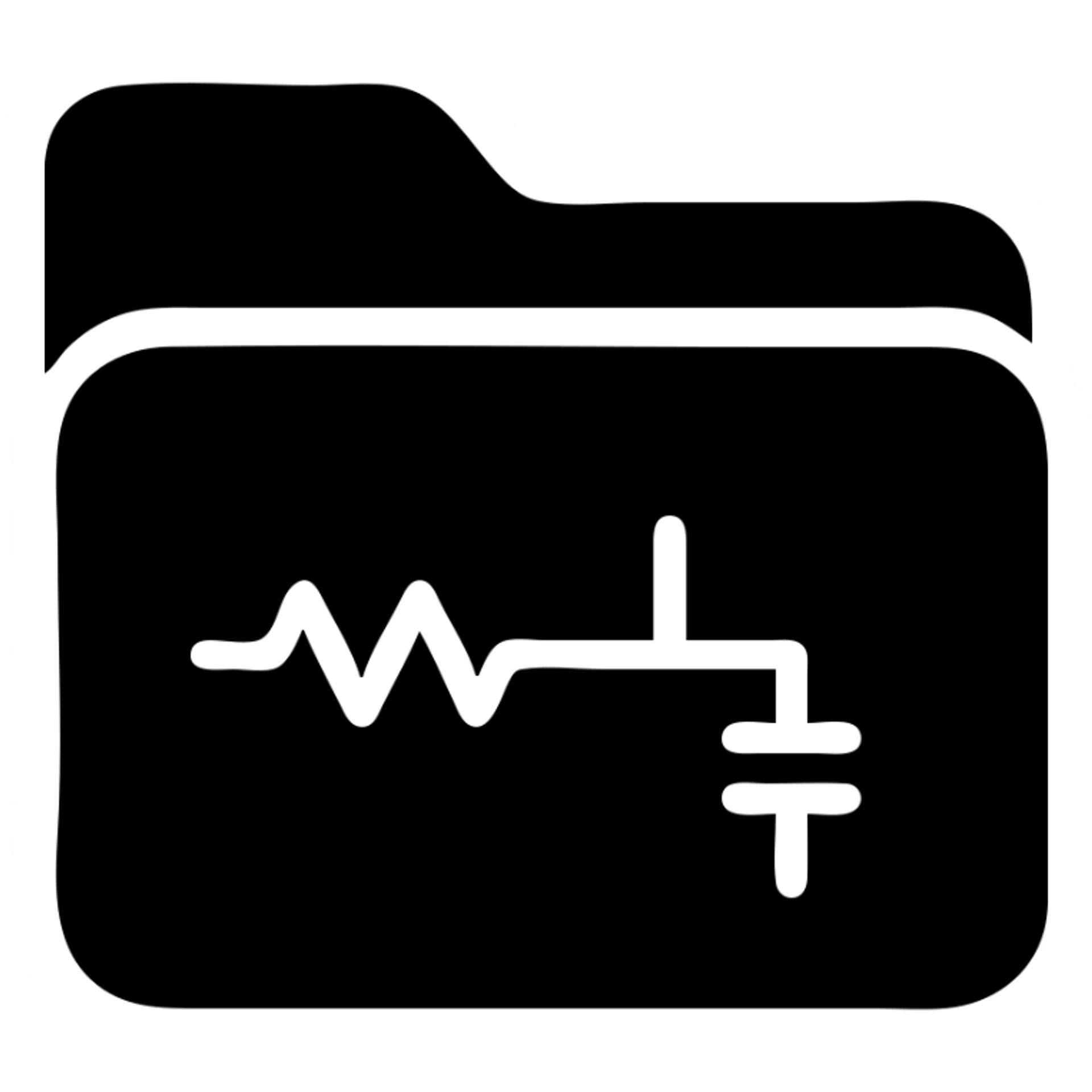 solid filled folder icon with electric parts, simple shapes for resistors and wires sticker