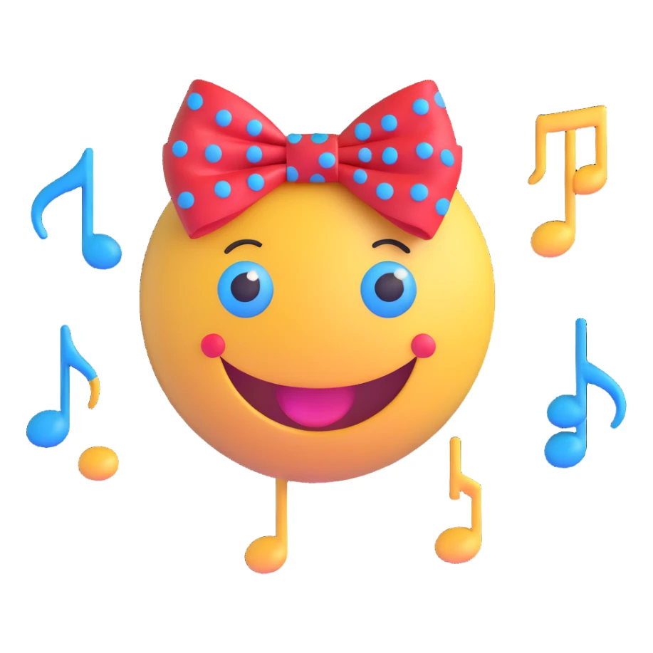 3D smiley emoji, large eyelashes, red polka dot bow, excited, big smile, blue eyes, musical notes sticker