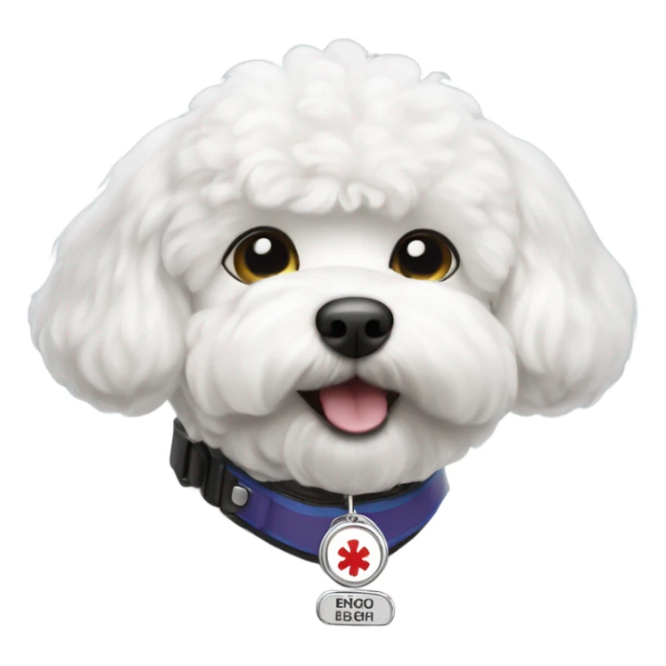 A service dog Bichon with a medical alert badge  sticker