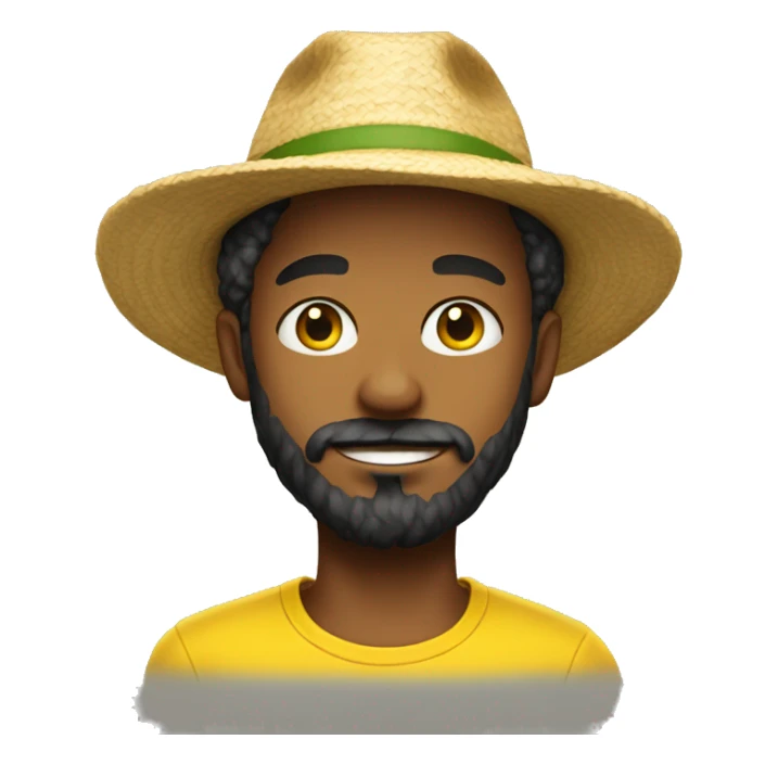 young man with a beard wearing a straw hat and a yellow t-shirt sticker