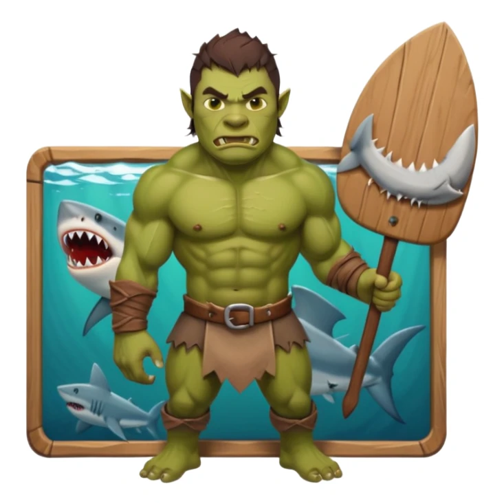 orc male holds a board with a shark painted vertically in his hands sticker