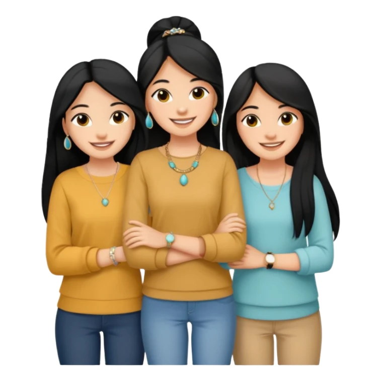 Just 3 best friends smiling big taking a selife, all have medium skin tone with black long hair. Wearing simple jewelry and casual modest clothes color coordinated outfit,  sticker