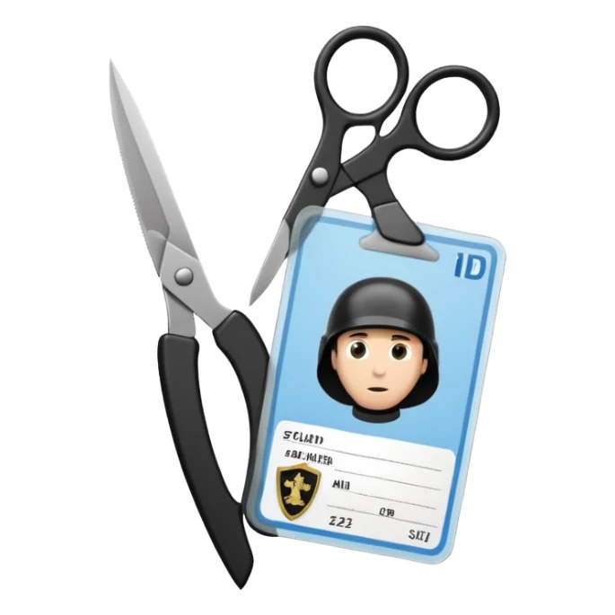Floating black Scissors cutting in half an idf soldier ID card with a little chip in 2 parts .hyper realistic sticker