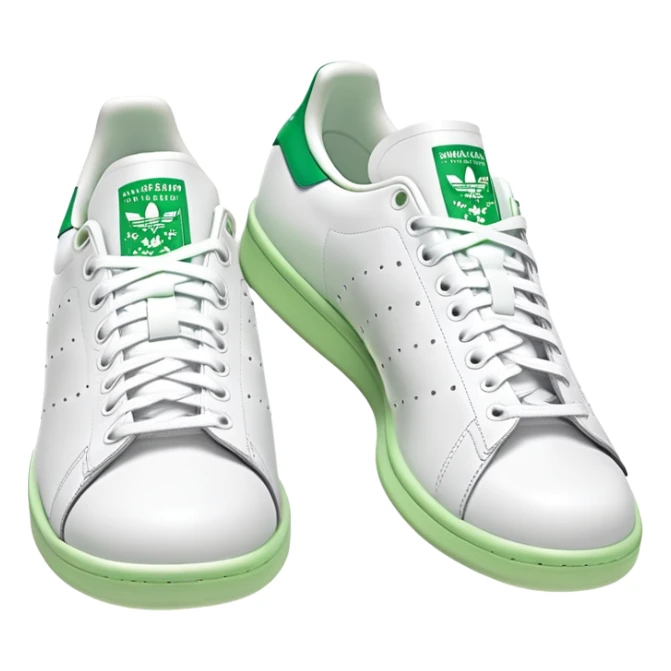 Two Adidas Stan Smith shoes arranged as a pair with one slightly behind the other, white with green heel details, clean classic design sticker