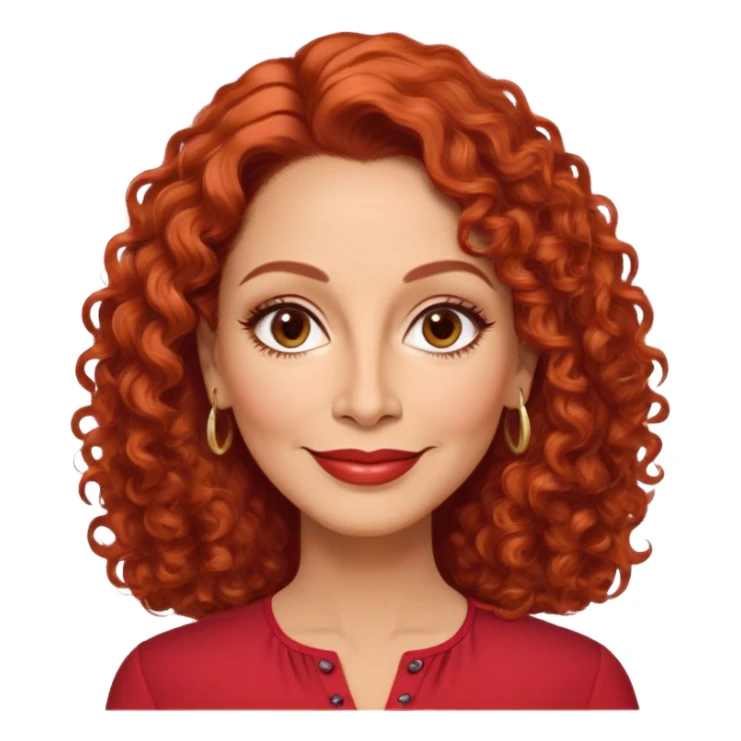 Puerto Rican actress in her 50s with elongated face, soft features, highlighted cheekbones, friendly warm smile, medium almond-shaped brown eyes, defined medium eyebrows, straight fine nose, medium lips with accessible smile, vibrant red curly hair with artistic styling, wearing a solid red blouse sticker