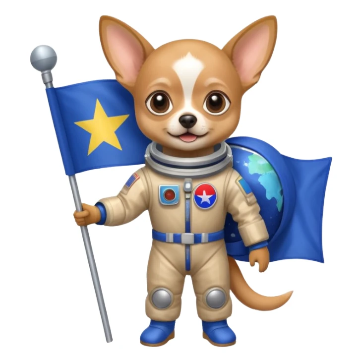 a chihuahua in space suit, holding blue rectangle flag, full body, front view sticker