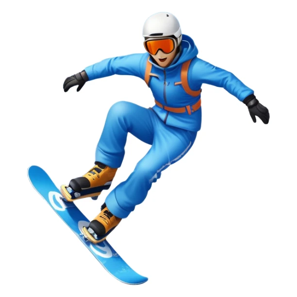An icon showing a snowboarder performing an exciting jump on a snow-covered slope. The background features towering mountains, snow-covered trees, and a bright, clear sky. Transparent background highlights the speed, agility, and thrill of snowboarding. sticker