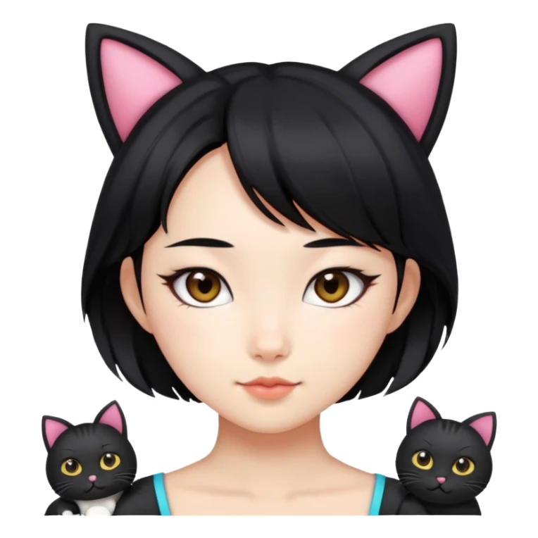 Asian girl sort black hair with cat ears sticker