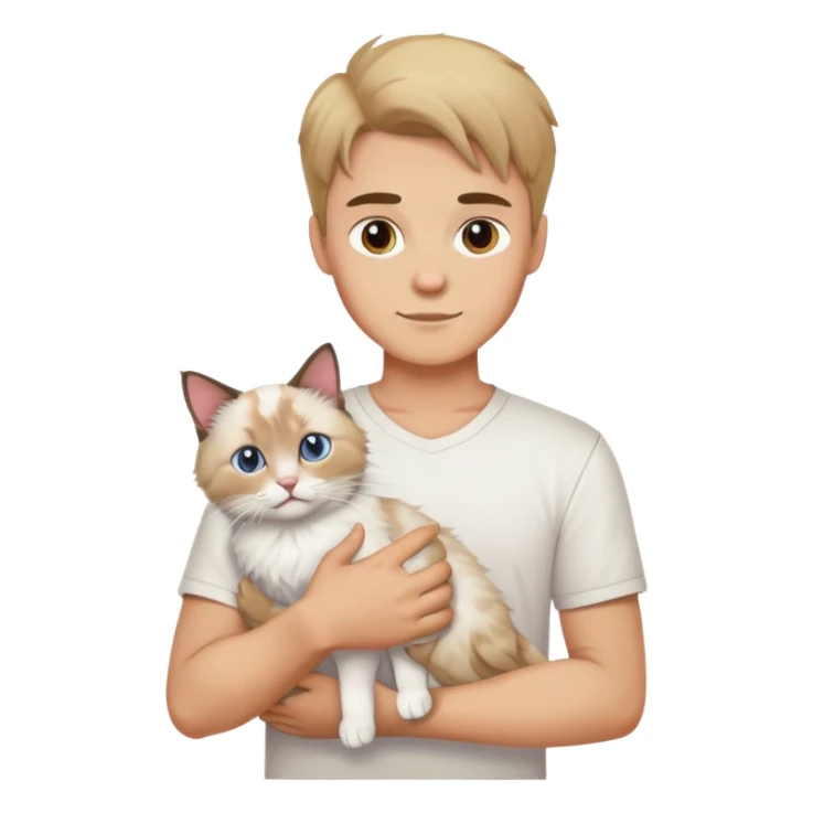 A young Caucasian man in a white shirt holding a ragdoll cat sticker