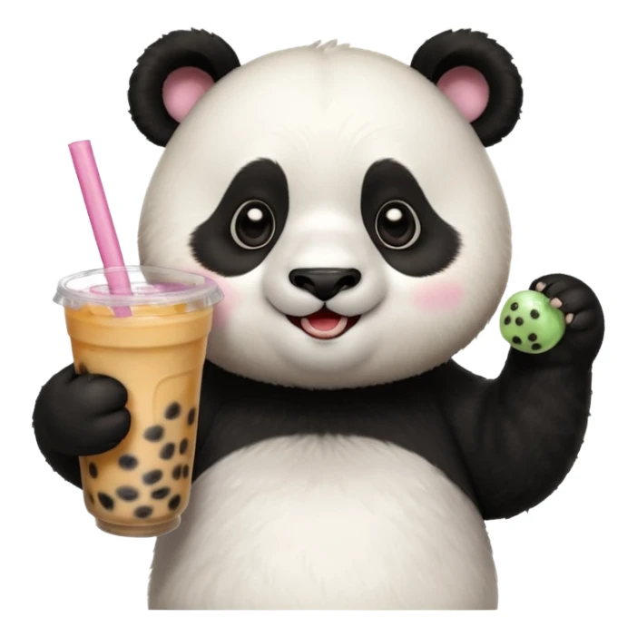 A panda drinking bubble tea, excited about the toppings, portrait, bust up sticker