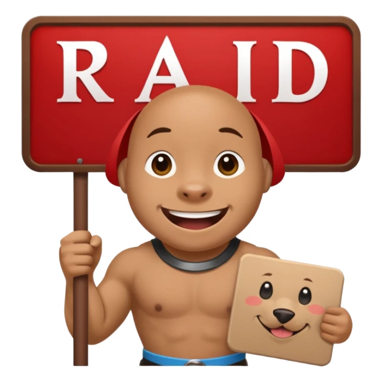 smiling pit holding a sign that reads the word "raid" in big red font sticker