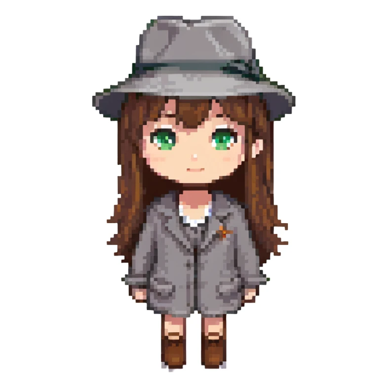 girl with brown hair and a grey fedora, pixel art, simple background sticker