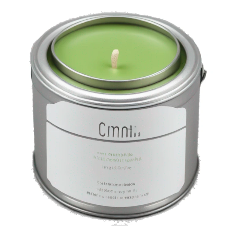 matcha scented candle in a silver tin with a small white label realistic sticker