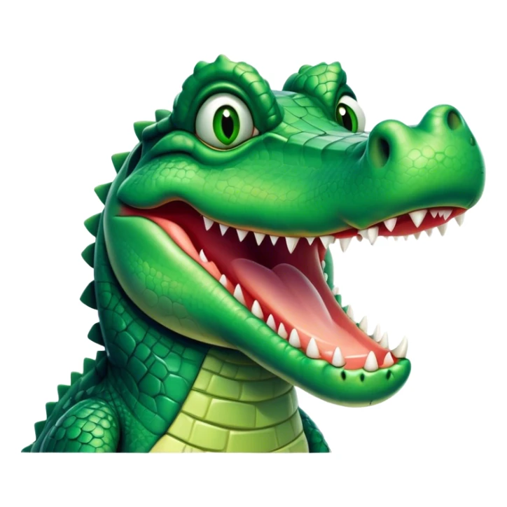 Cinematic Comical Crocodile Portrait Emoji, Head tilted dramatically with an exaggeratedly amused expression, featuring a striking, glossy emerald-green hide with bold textured scales and wide, expressive eyes filled with playful disbelief, Simplified yet hilariously expressive features, highly detailed, glowing with a slightly sassy glow, high shine, dramatic yet playful, stylized with an air of cheeky mischief, bright and endearing, soft glowing outline, capturing the essence of a spirited and over-the-top crocodile, so meme-worthy it feels like it could snap its jaws into internet fame instantly! sticker