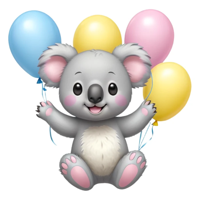 koala floating with pastel balloons, happy face, pastel-toon style sticker