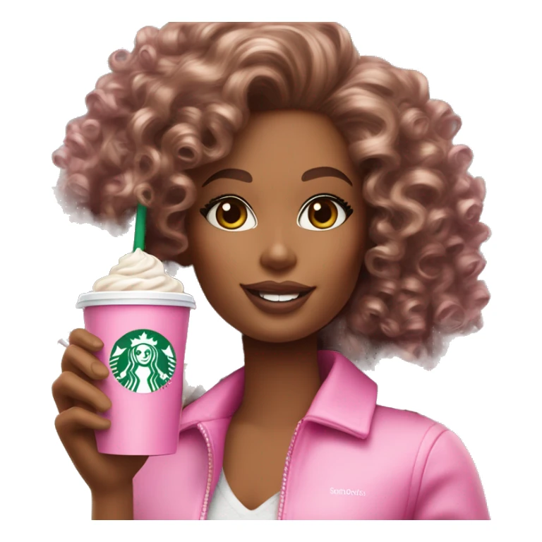 Barbie girl with curly hair holding Pink starbucks refresher sticker