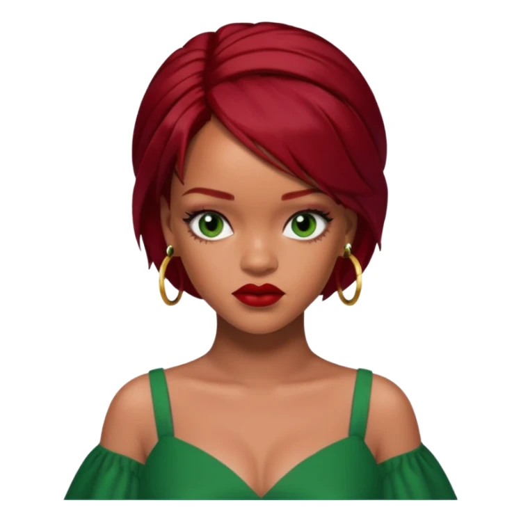 Rihanna dark red hair, green dress sticker