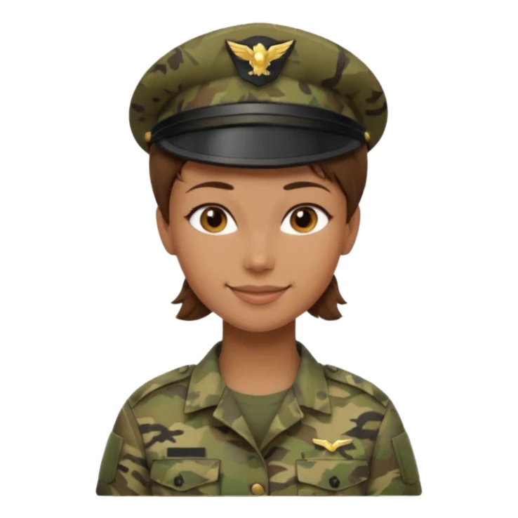Apple-style emoji: female soldier, bust, no cap/helmet, friendly smile, generic camo top,  sticker